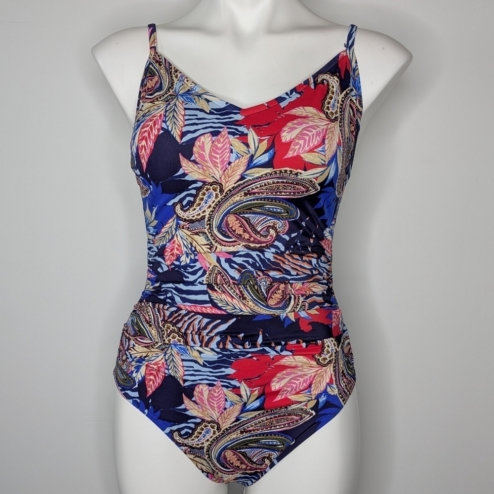 Aqua Green Red Blue Tan Floral Paisley One Piece Swimsuit S
